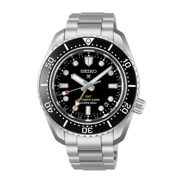 Seiko Prospex HBC002J1 1968 Heritage GMT automatic diver's watch — black dial with yellow GMT hand, black ceramic unidirectional bezel, and stainless steel bracelet, front view