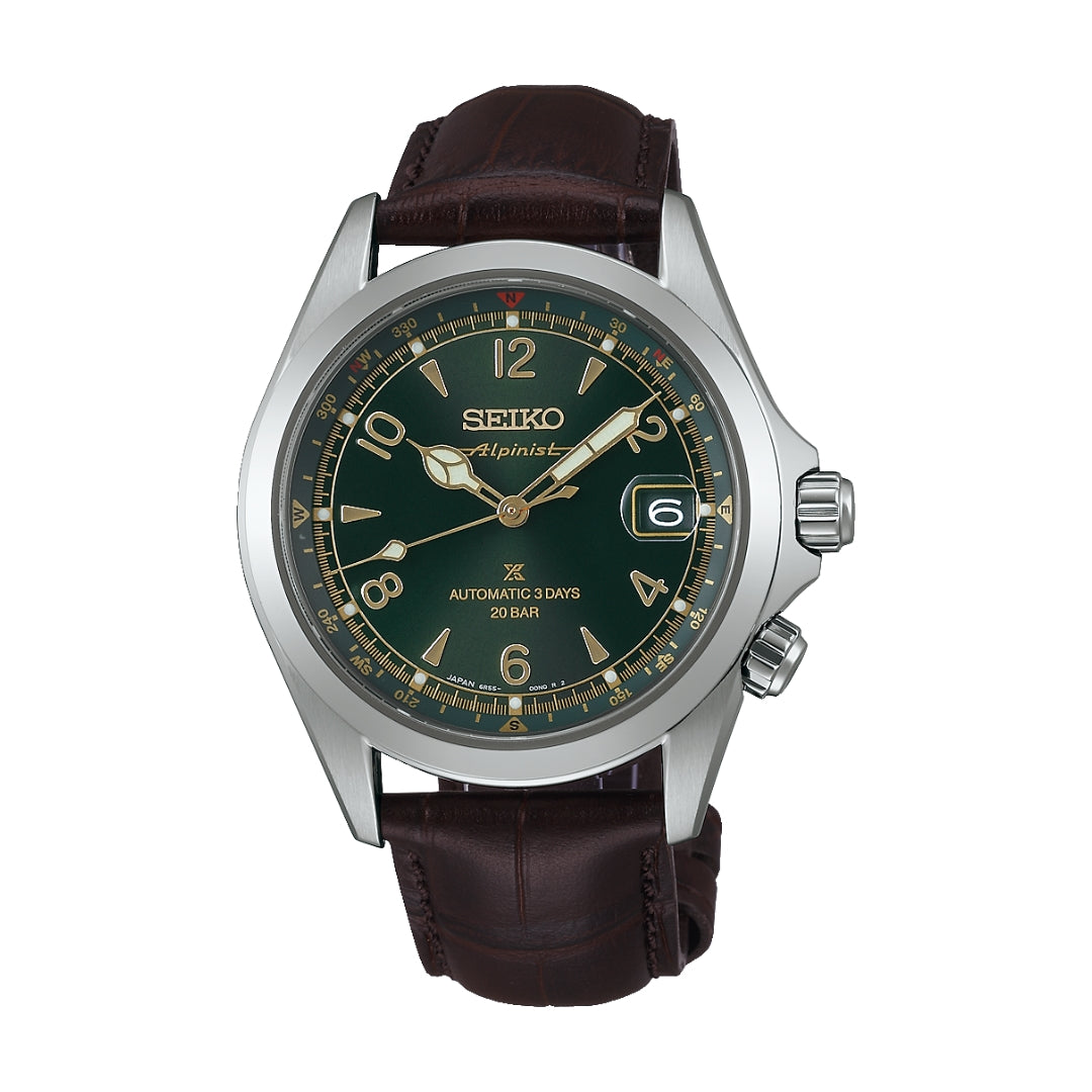 Seiko Prospex Alpinist SPB507J1 automatic men's watch — deep green dial with inner compass bezel, gold Arabic numerals and hands, stainless steel case, and dark brown cow leather strap, front view on white background