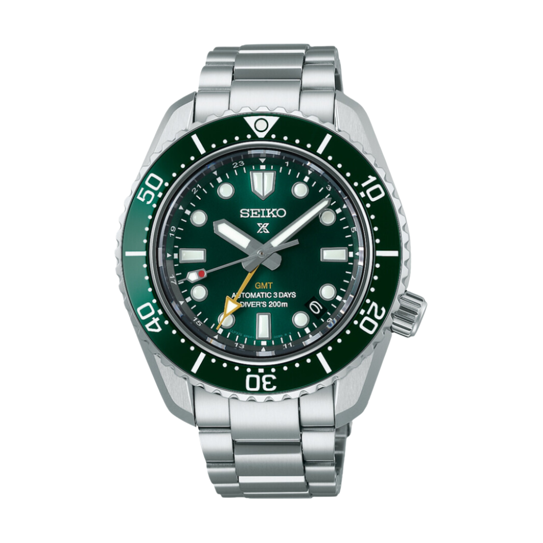 Seiko Prospex SPB381J1 GMT diver's watch with green dial, ceramic bezel, and stainless steel bracelet