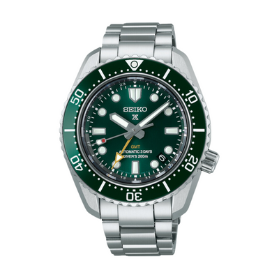 Seiko Prospex SPB381J1 GMT diver's watch with green dial, ceramic bezel, and stainless steel bracelet