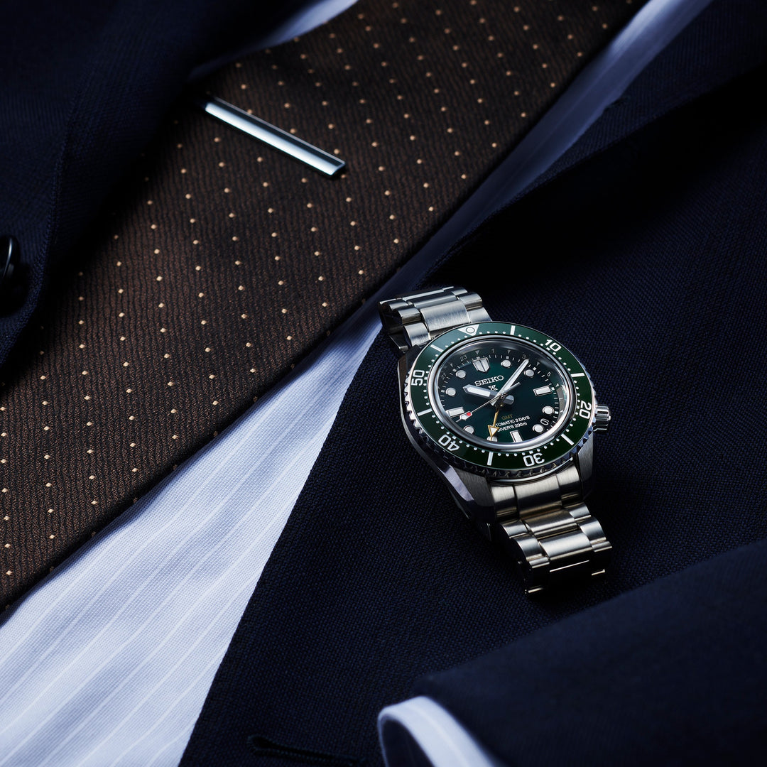 Seiko SPB381J1 Prospex GMT diver showing luminous hands and professional dive watch design