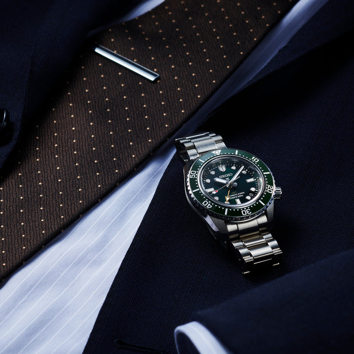 Seiko SPB381J1 Prospex GMT diver showing luminous hands and professional dive watch design