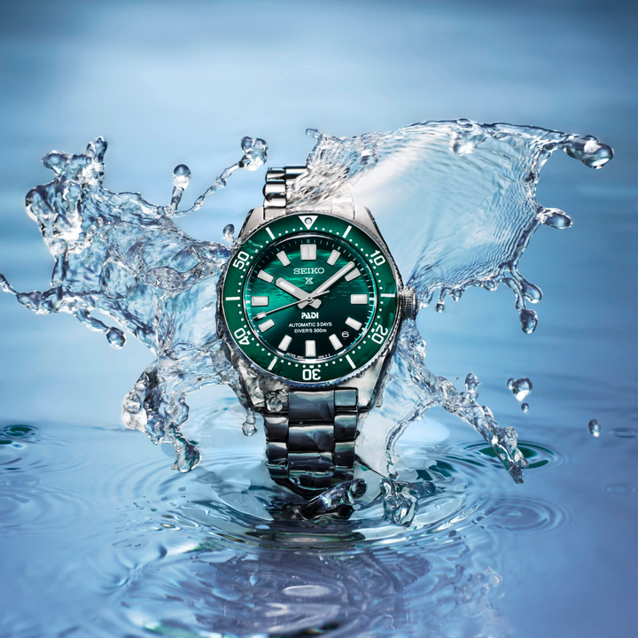 Seiko Prospex SPB501J1 showing recycled fabric strap and three-fold clasp with bracelet