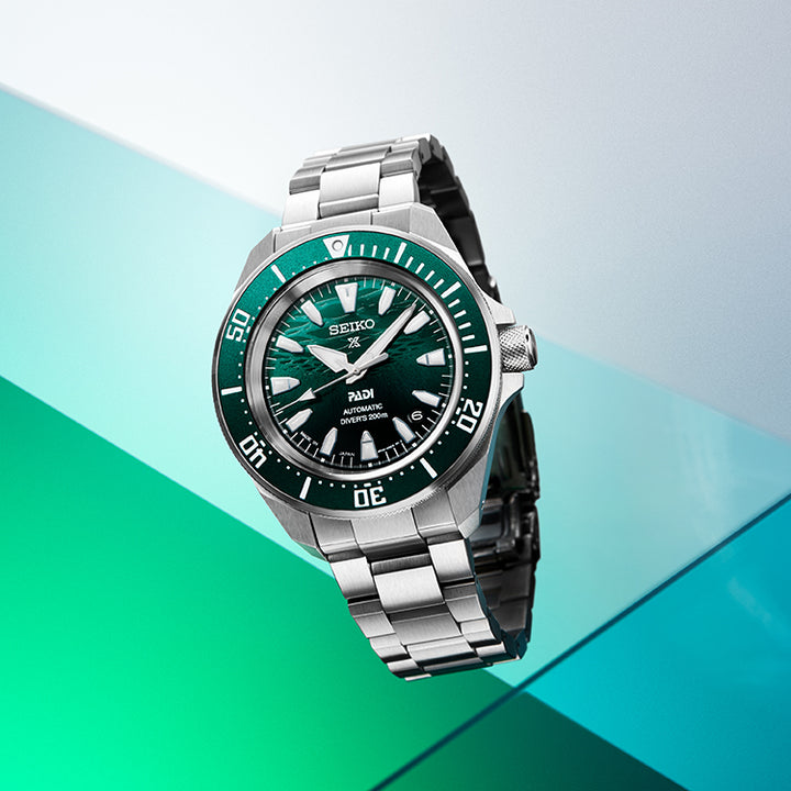 Seiko Prospex SRPL53K1 PADI 60th Anniversary green dial compact diver on wrist