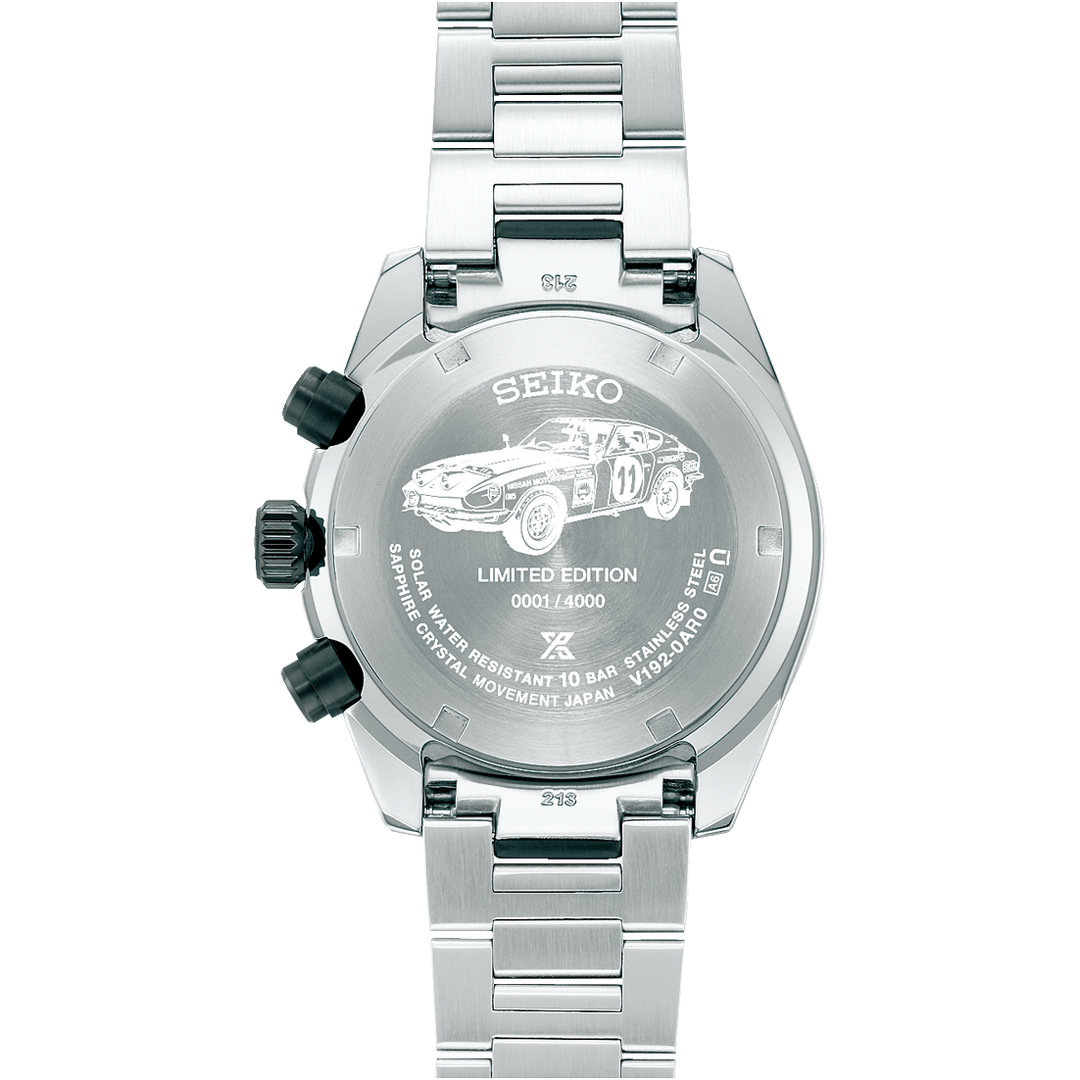 Seiko Prospex Speedtimer SSC957P1 caseback — limited edition 0001/4000 engraving with Datsun 240Z race car illustration, solar sapphire crystal V192 movement, 10 bar water resistant