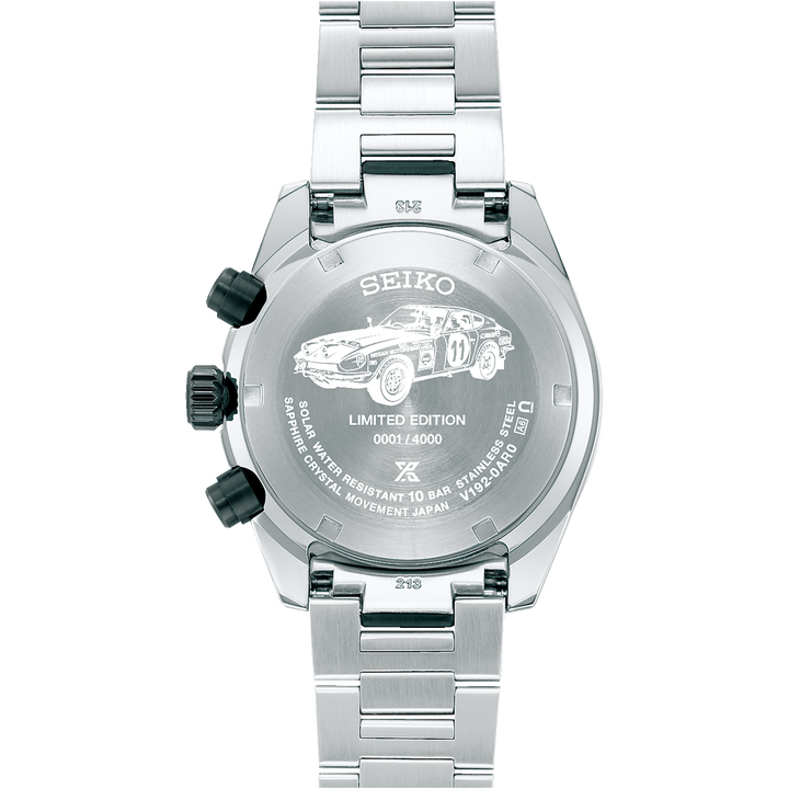 Seiko Prospex Speedtimer SSC957P1 caseback — limited edition 0001/4000 engraving with Datsun 240Z race car illustration, solar sapphire crystal V192 movement, 10 bar water resistant