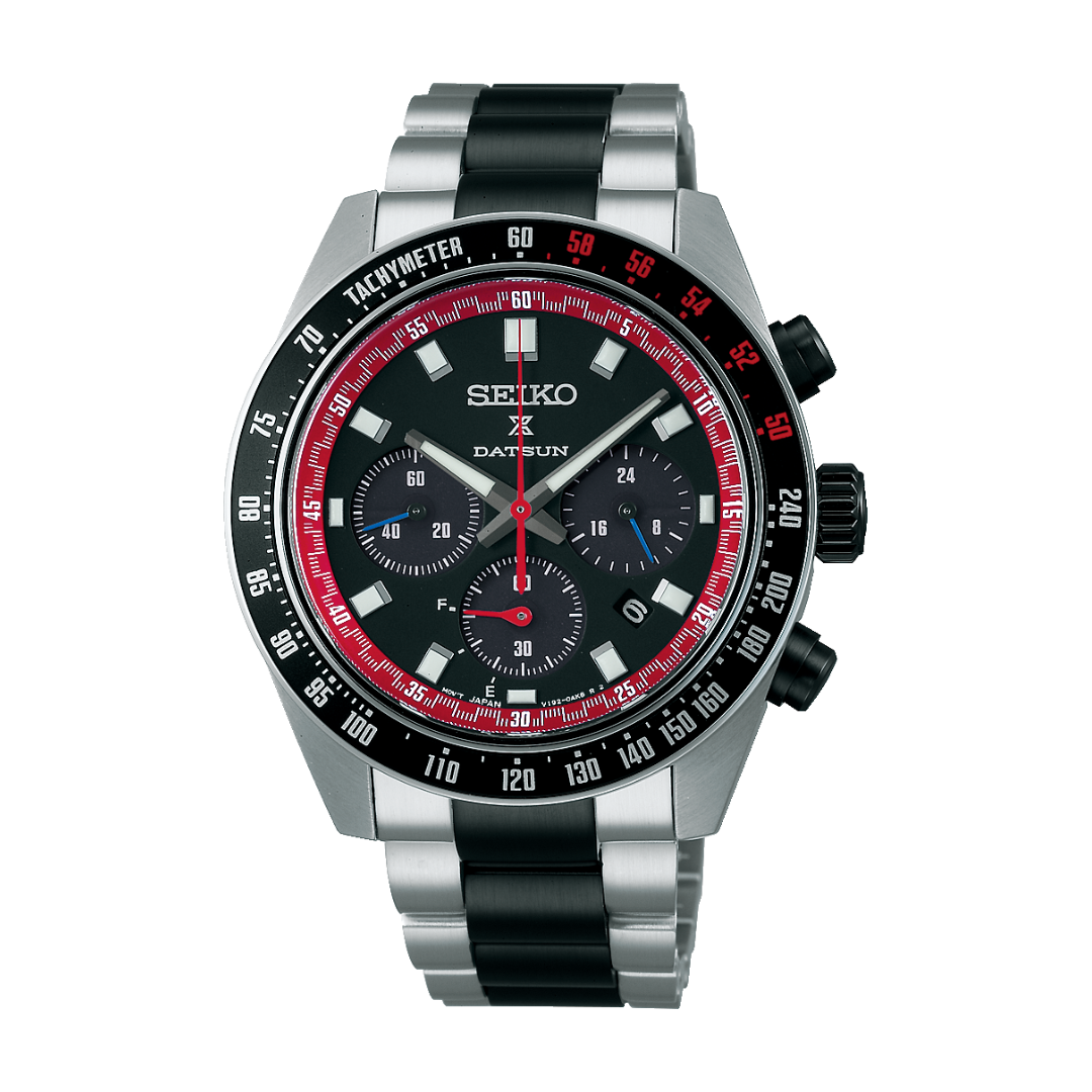 Seiko Prospex Speedtimer SSC957P1 solar chronograph — black dial with red inner bezel ring, tachymeter bezel, three subdials, and two-tone stainless steel and black bracelet