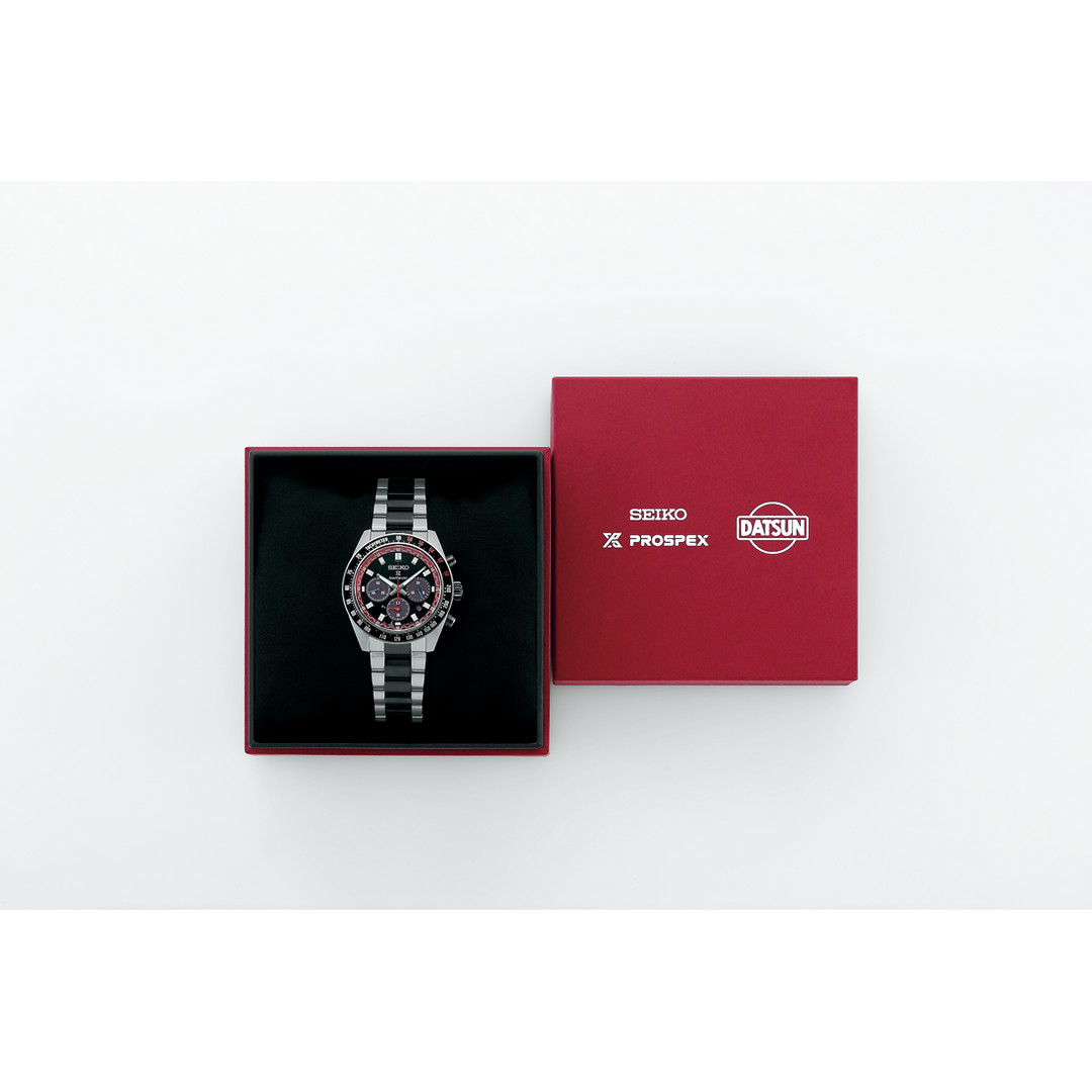 Seiko Prospex Speedtimer SSC957P1 Datsun 240Z limited edition in red presentation box — Seiko Prospex and Datsun co-branding on lid, limited edition numbered watch inside