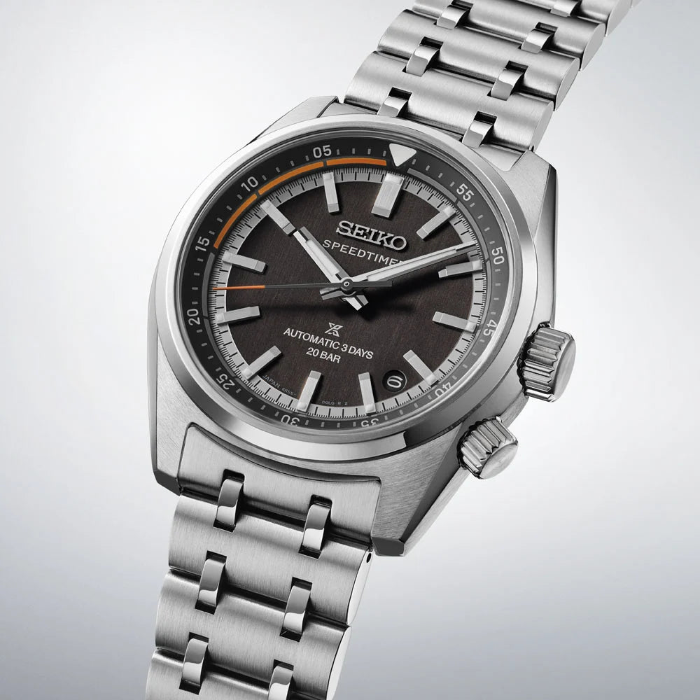 Seiko Prospex Speedtimer SPB515J1 39.5mm automatic watch — black dial with orange inner ring countdown timer and stainless steel bracelet, 3/4 angle view