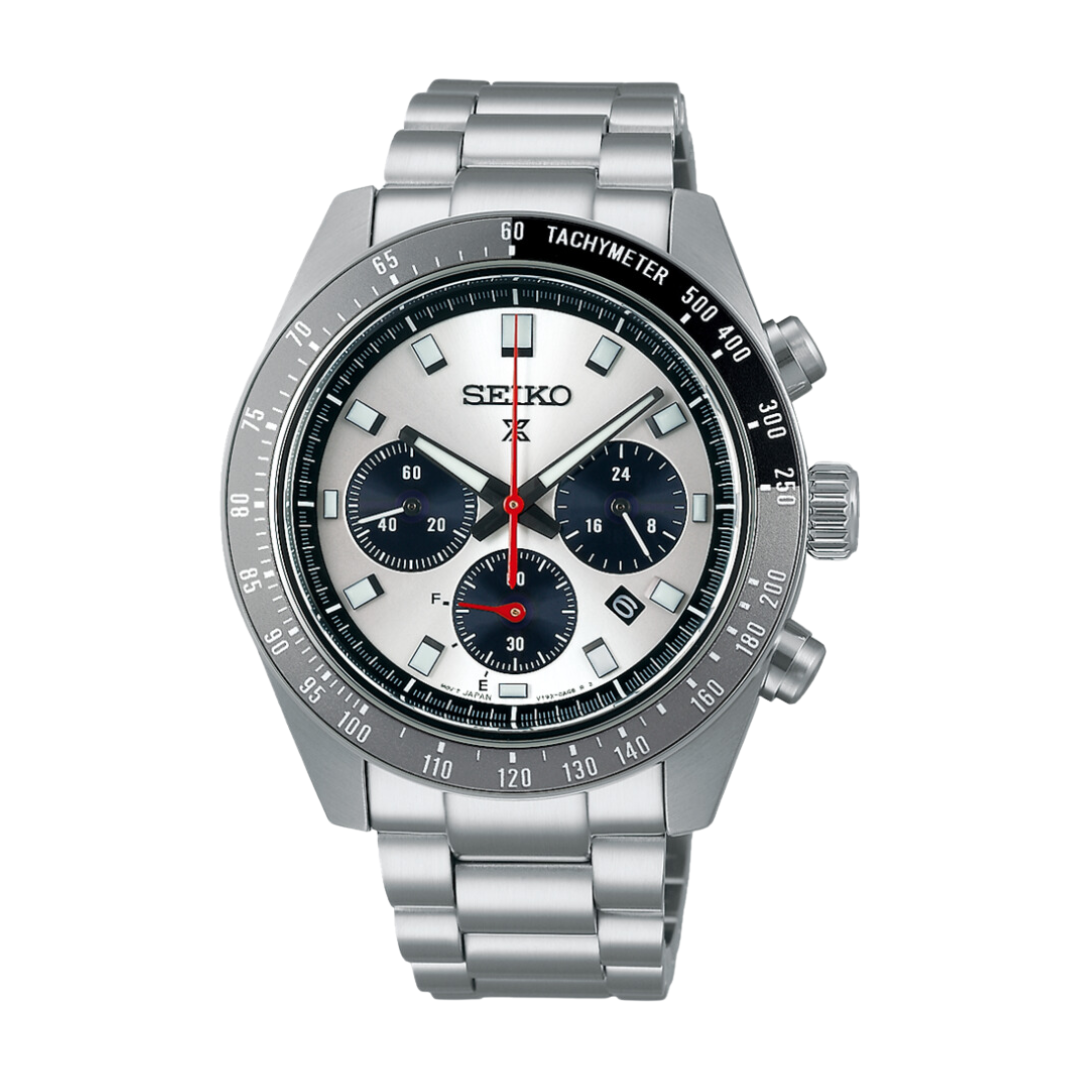 Seiko SSC911P1 Speedtimer silver dial detail with chronograph sub-dials and tachymeter bezel