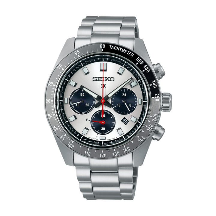 Seiko SSC911P1 Speedtimer silver dial detail with chronograph sub-dials and tachymeter bezel