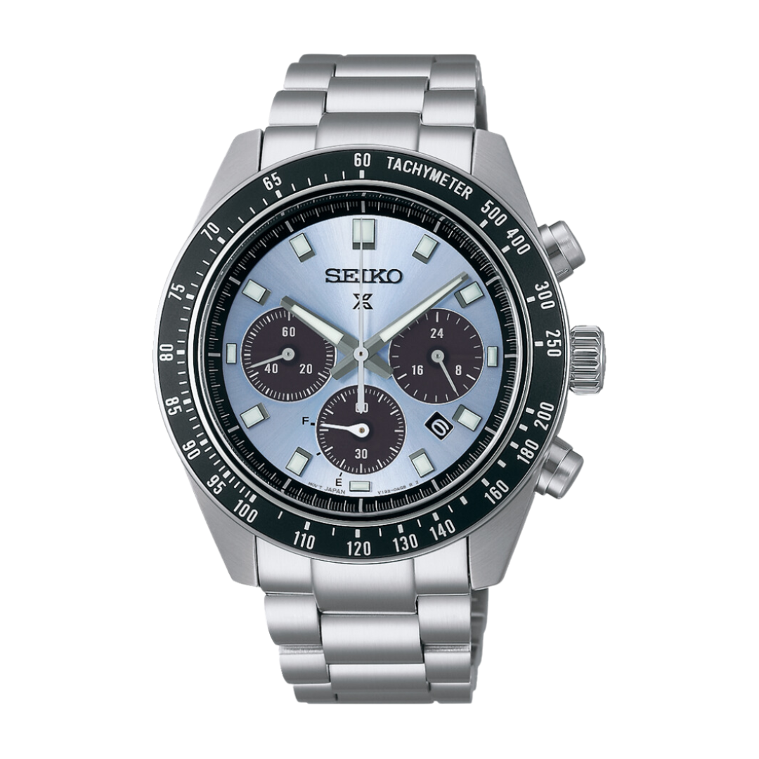Seiko Prospex SSC935P1 Speedtimer Solar Chronograph Men Watch with light blue dial.