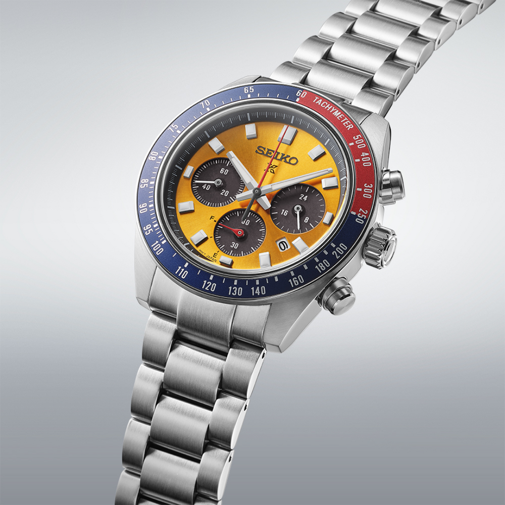 Seiko SSC947P1 Speedtimer yellow dial detail with chronograph subdials and tachymeter bezel