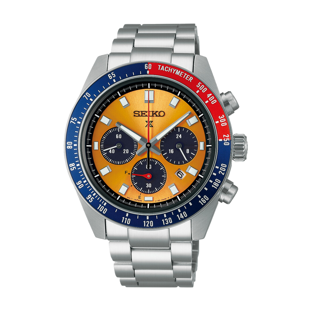 Seiko Prospex SSC947P1 solar chronograph with bold yellow dial and stainless steel bracelet