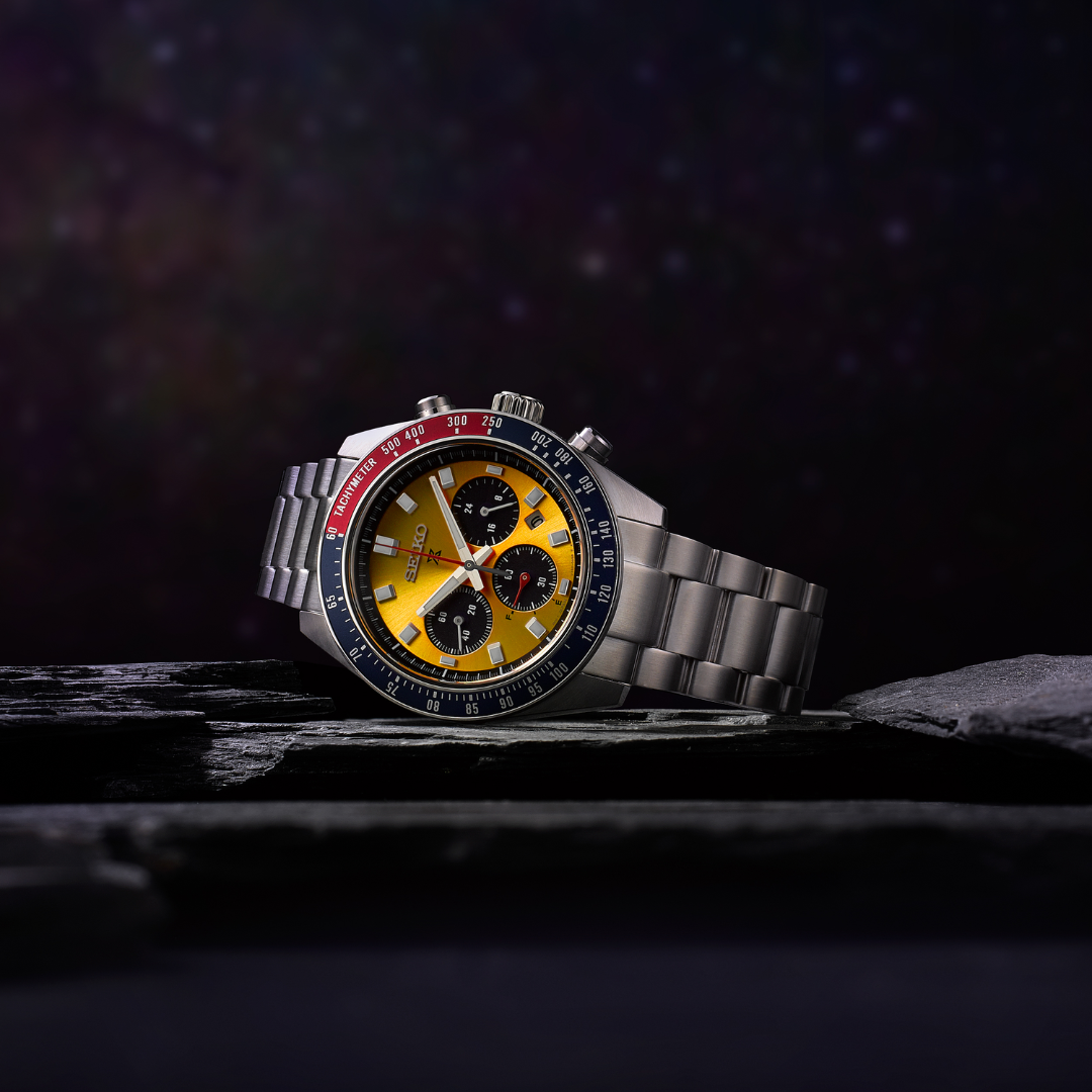 Seiko SSC947P1 solar chronograph close-up featuring power reserve indicator and date display