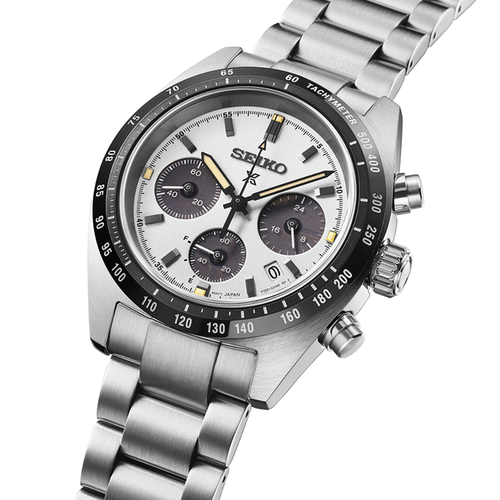 Seiko Prospex Speedtimer SSC961P1 39mm solar chronograph — white panda dial with dark sub-dials, black tachymetre bezel, stainless steel case and bracelet, 3/4 angle view