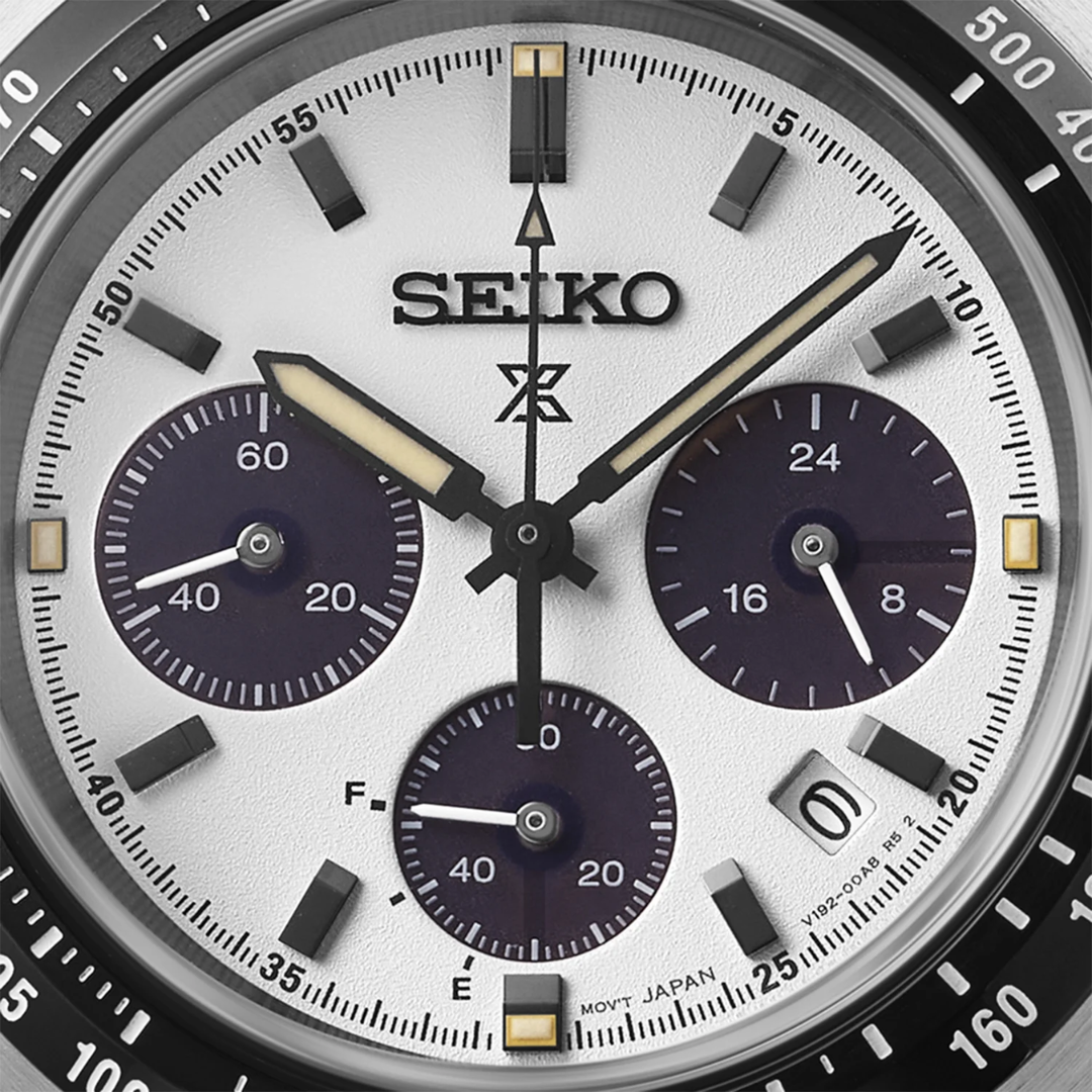 Seiko Prospex Speedtimer SSC961P1 dial close-up — white textured dial with dark sub-dials, LumiBrite arrow hands, power reserve indicator and date window