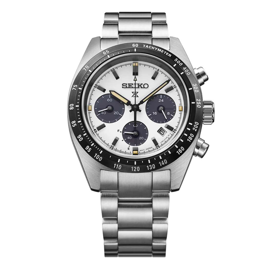 Seiko Prospex Speedtimer SSC961P1 39mm solar chronograph — white panda dial with dark sub-dials, black tachymetre bezel, chronograph pushers and stainless steel bracelet, front view