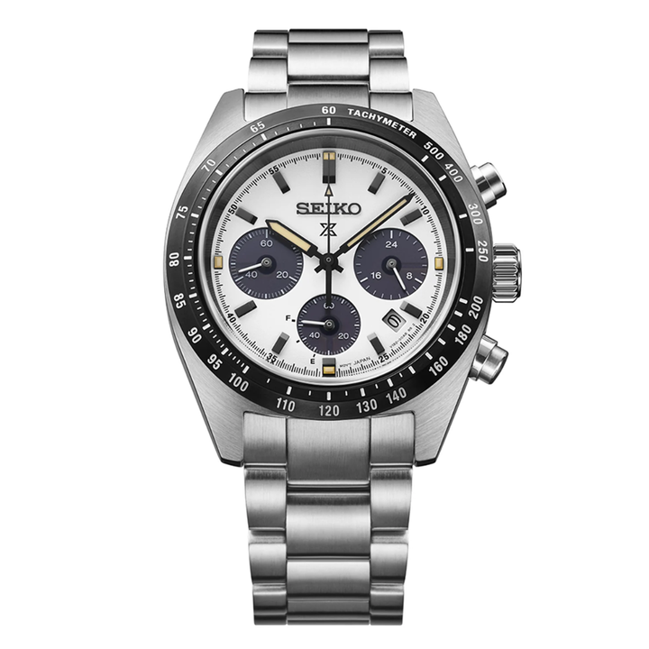 Seiko Prospex Speedtimer SSC961P1 39mm solar chronograph — white panda dial with dark sub-dials, black tachymetre bezel, chronograph pushers and stainless steel bracelet, front view