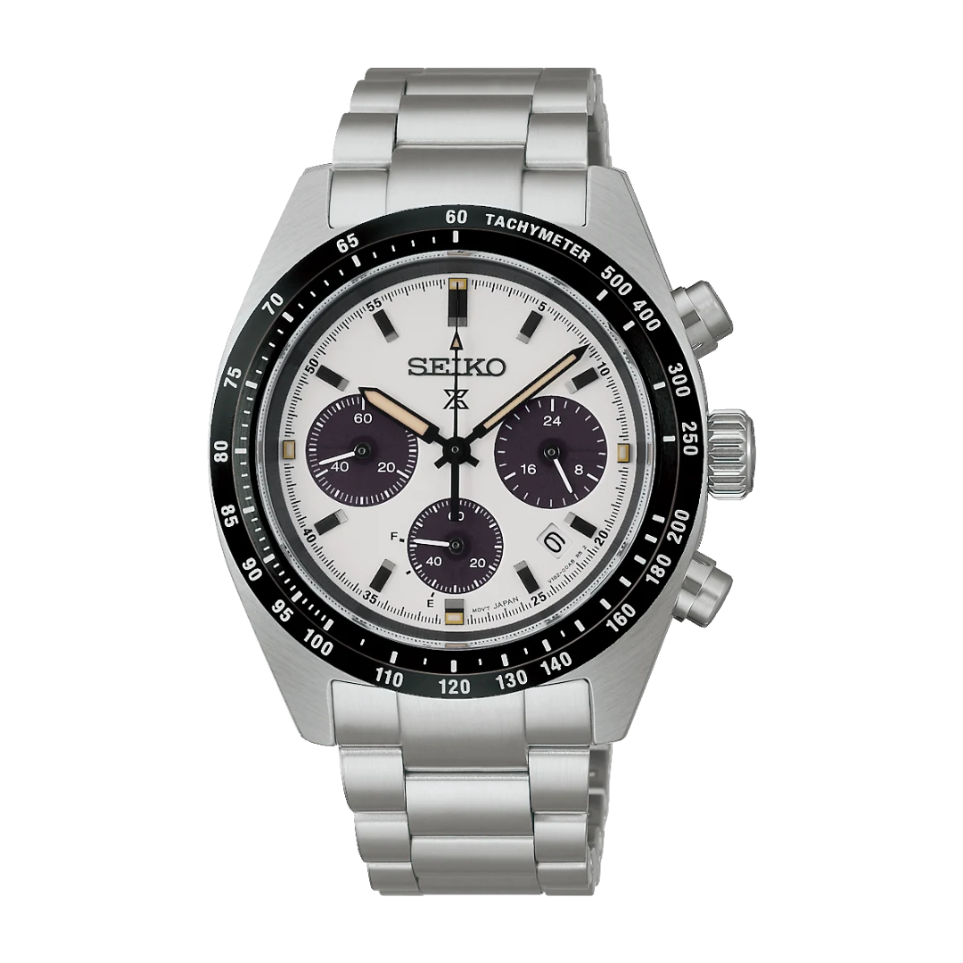 Seiko Prospex Speedtimer SSC961P1 solar chronograph — white panda dial with dark sub-dials, black tachymetre bezel and stainless steel bracelet, front view