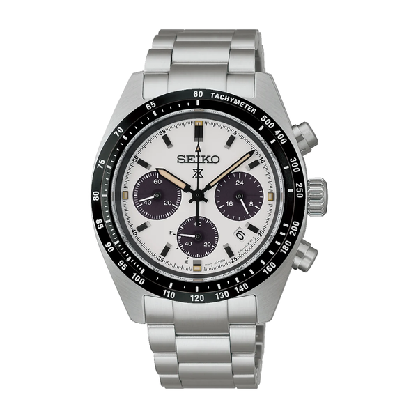 Seiko Prospex Speedtimer SSC961P1 solar chronograph — white panda dial with dark sub-dials, black tachymetre bezel and stainless steel bracelet, front view