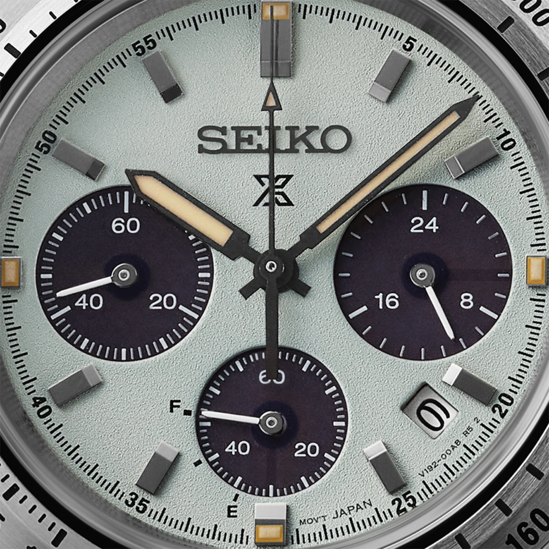 Seiko Prospex Speedtimer SSC965P1 dial close-up — mint green textured dial with dark sub-dials, LumiBrite arrow hands, power reserve indicator and date window