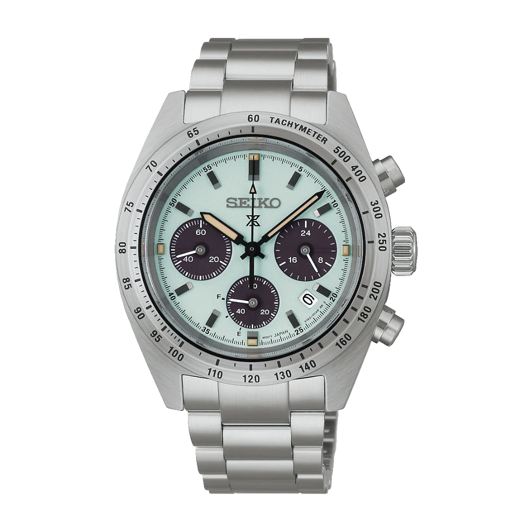 Seiko Prospex Speedtimer SSC965P1 39mm solar chronograph — mint green dial with dark sub-dials, tachymetre bezel, stainless steel case and bracelet, front view