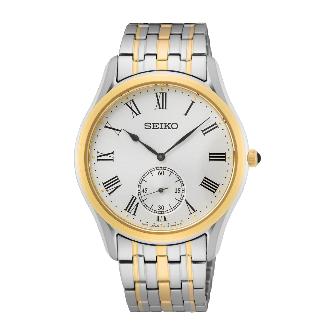 Seiko SRK048P1 two-tone silver and gold Roman numeral dial front view