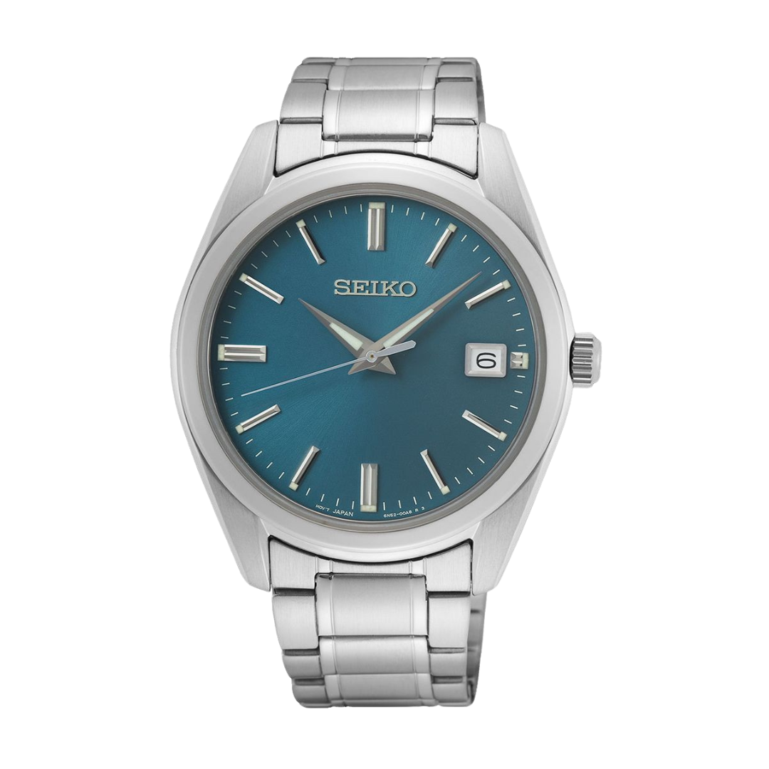 Seiko SUR525P1 silver case blue dial sapphire front view