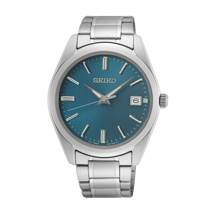 Seiko SUR525P1 silver case blue dial sapphire front view