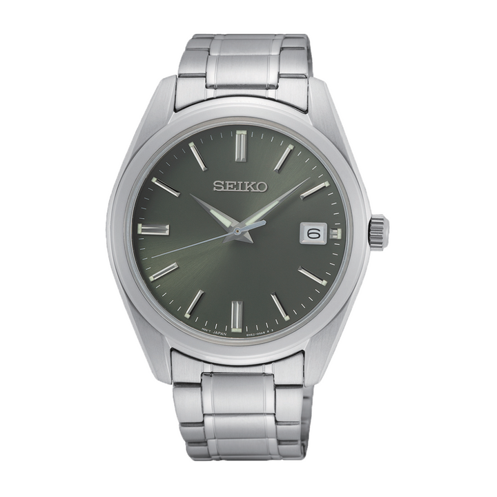 Seiko SUR527P1 silver case olive green dial sapphire front view