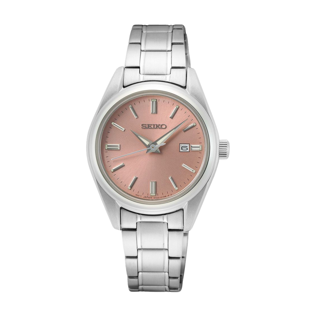 Seiko SUR529P1 silver case salmon dial sapphire front view