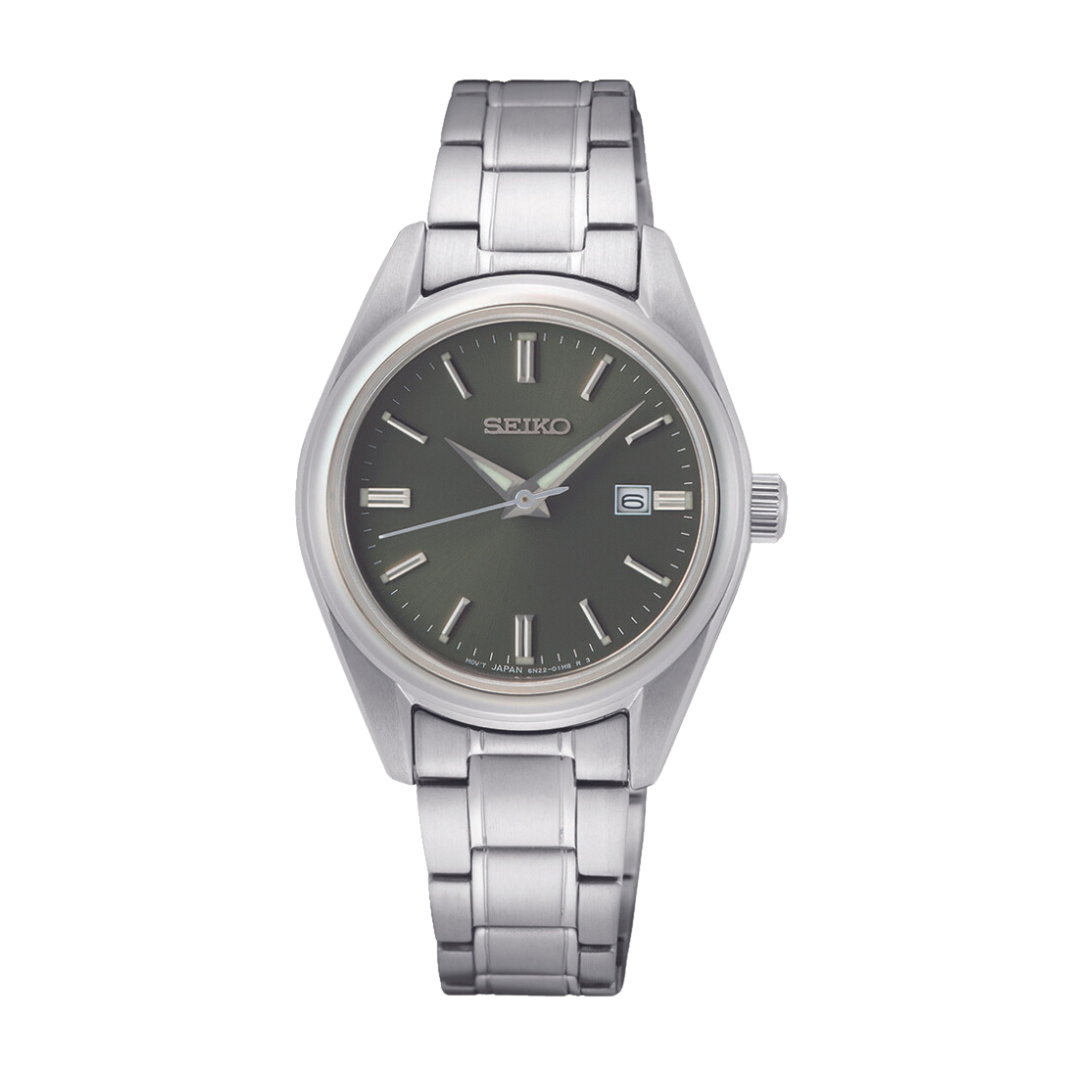 Seiko SUR533P1 silver case olive green dial sapphire front view