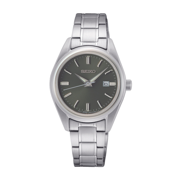 Seiko SUR533P1 silver case olive green dial sapphire front view