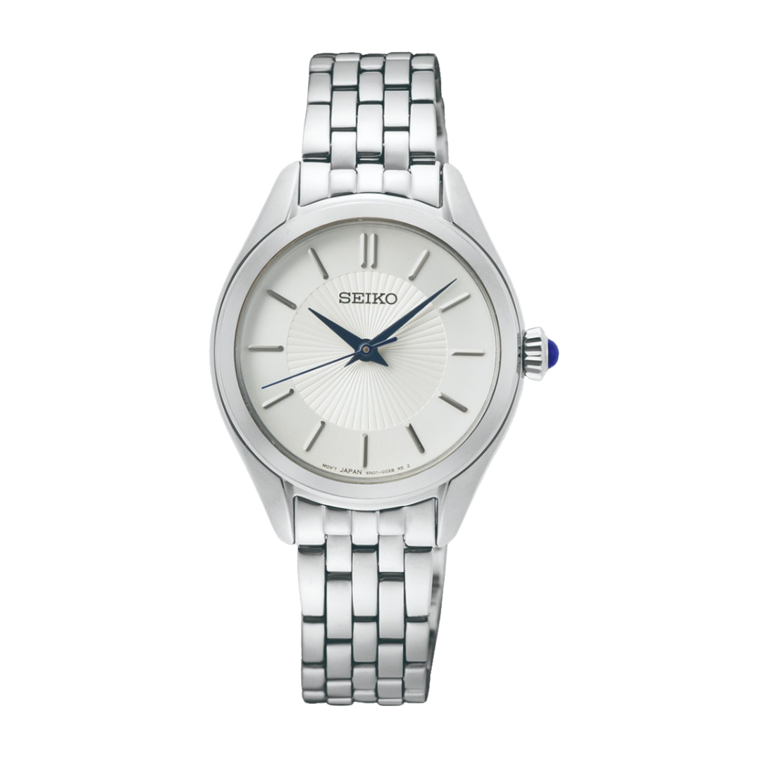 Seiko SUR537P1 all-silver case silver dial front view
