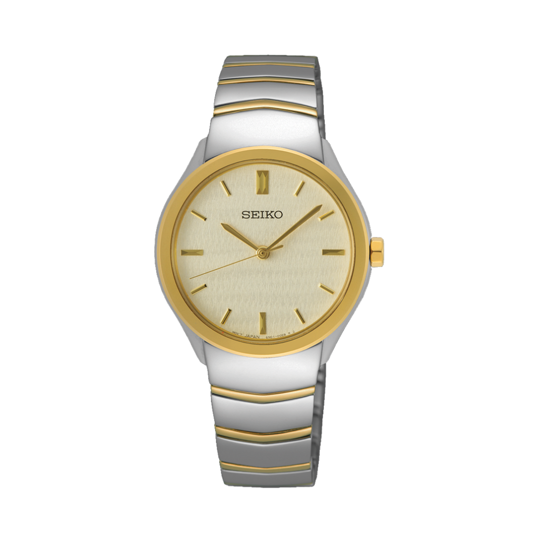 Seiko SUR550P1 two-tone silver and gold champagne dial front view