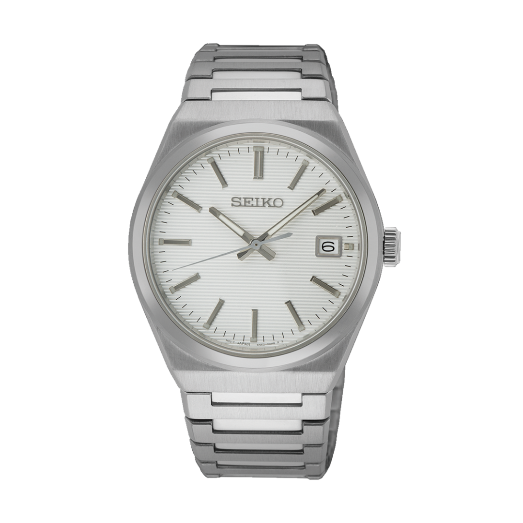 Seiko SUR553P1 silver case white dial sapphire front view