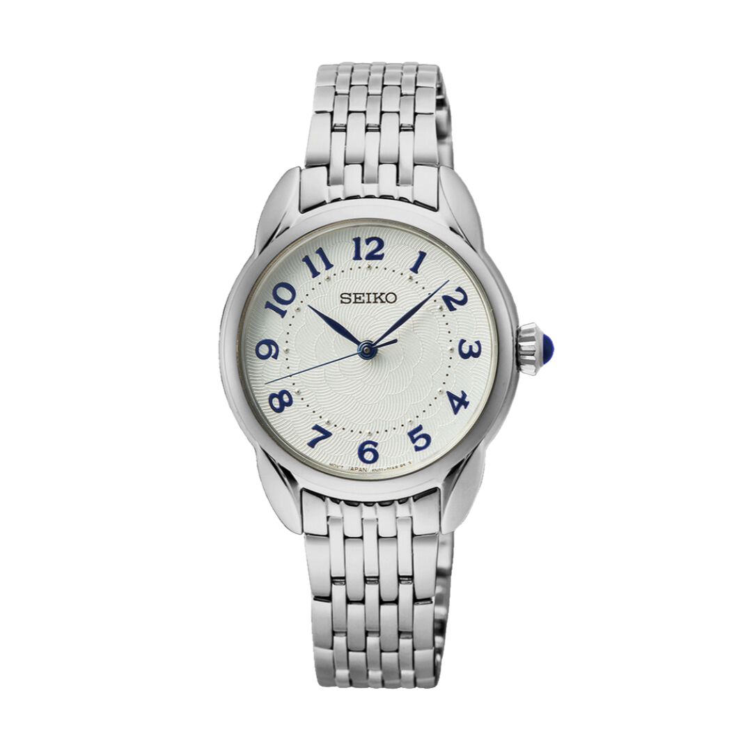 Seiko SUR561P1 silver case white Arabic numeral dial front view