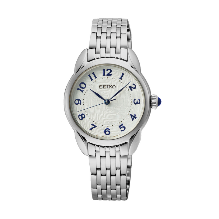 Seiko SUR561P1 silver case white Arabic numeral dial front view