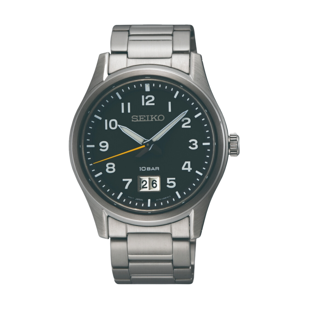 Seiko SUR569P1 silver case dark grey numeral dial sapphire front view