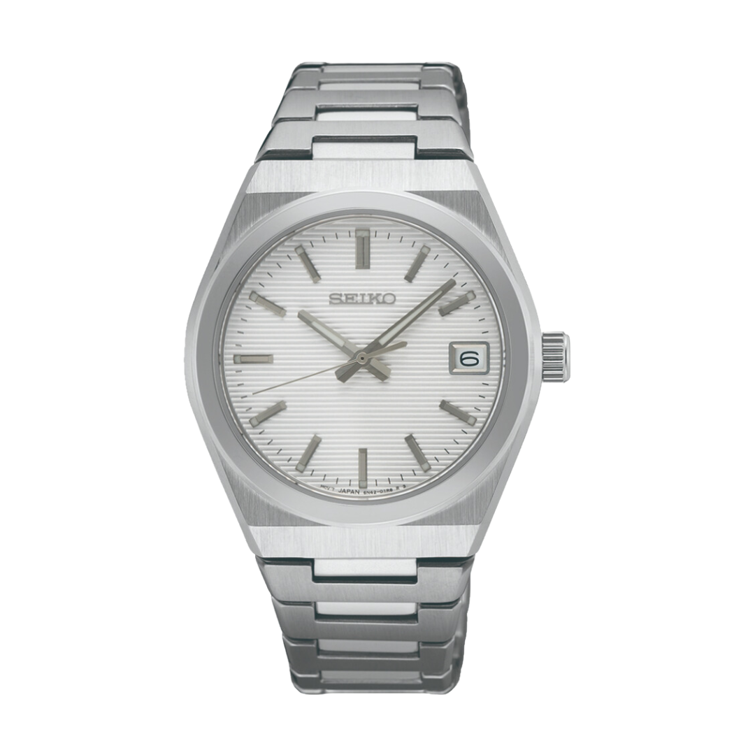 Seiko SUR573P1 silver case white dial sapphire women's watch front view