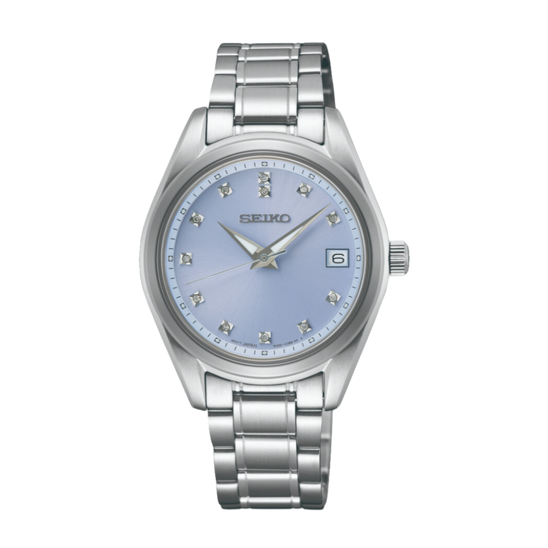 Seiko SUR581P1 silver case light blue dial with 12 diamond markers front view