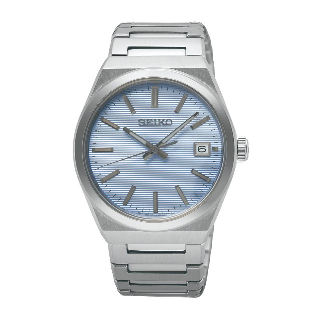 Seiko SUR599P1 silver case light blue dial sapphire front view