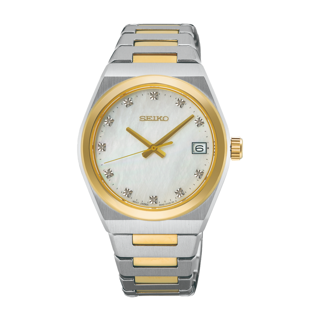 Seiko SUR604P1 two-tone MOP dial with 11 diamond markers front view