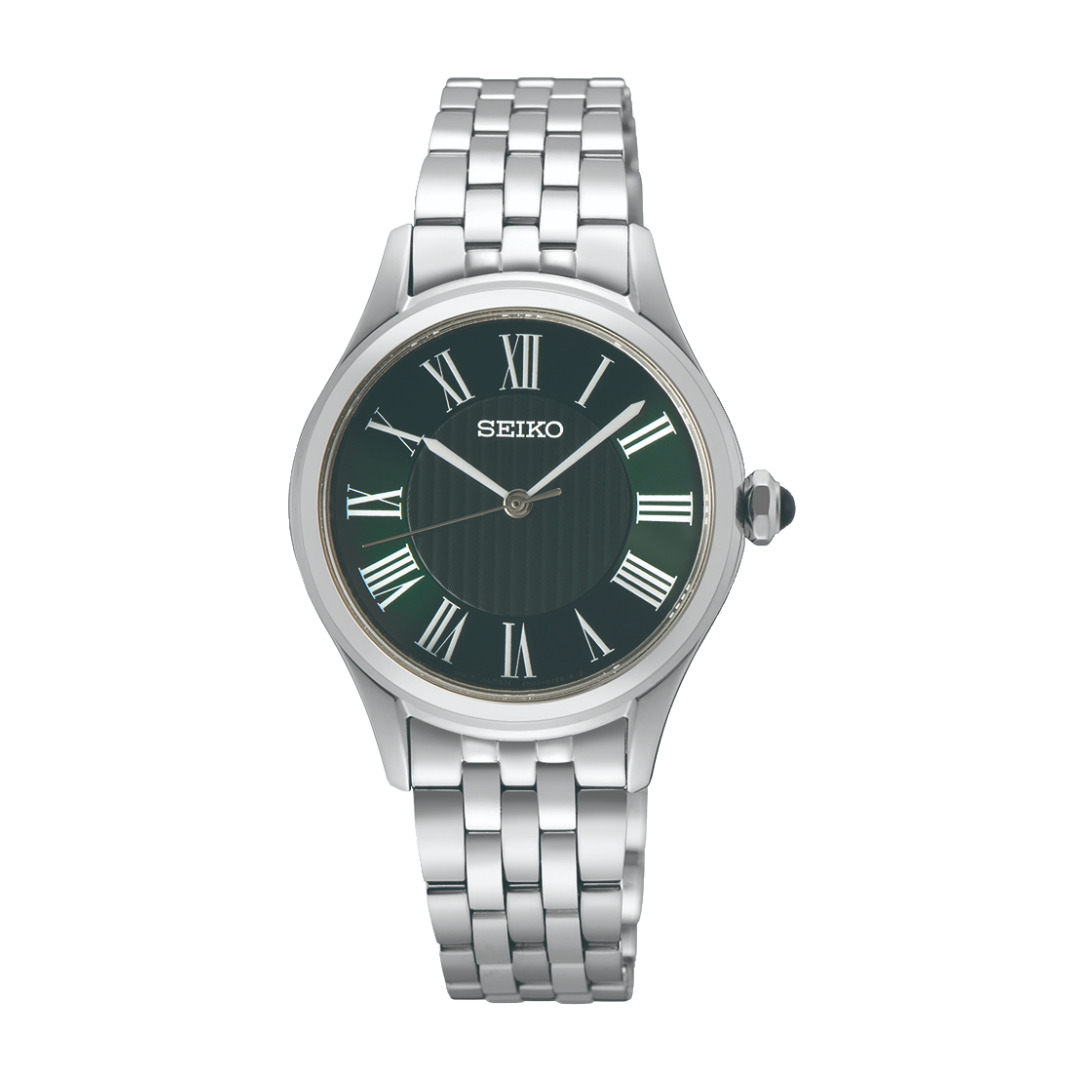 Seiko SUR611P1 silver case green Roman dial front view