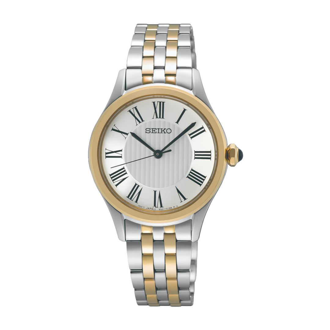 Seiko SUR612P1 two-tone silver and gold silver Roman dial front view