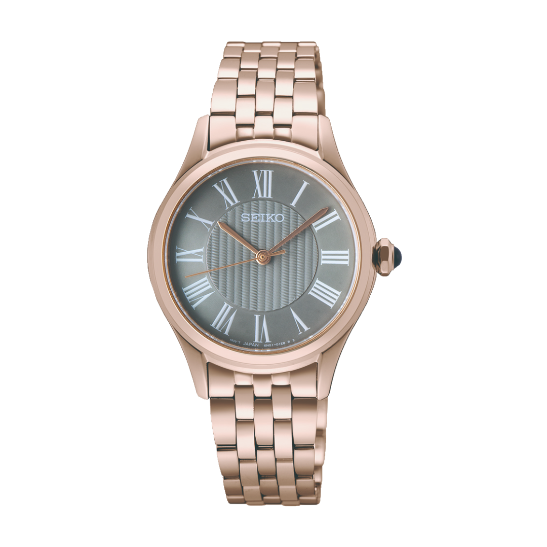 Seiko SUR614P1 rose gold case grey Roman dial front view