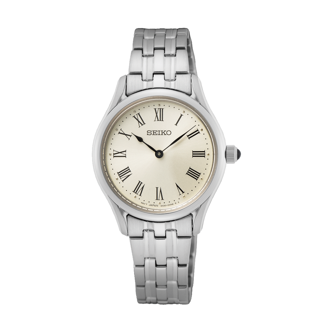 Seiko SWR069P1 cream Roman numeral dial sapphire crystal front view
