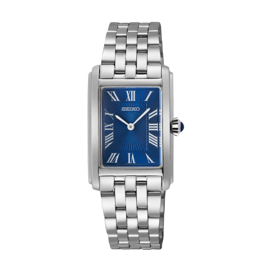 Seiko SWR085P1 silver case blue Roman dial front view