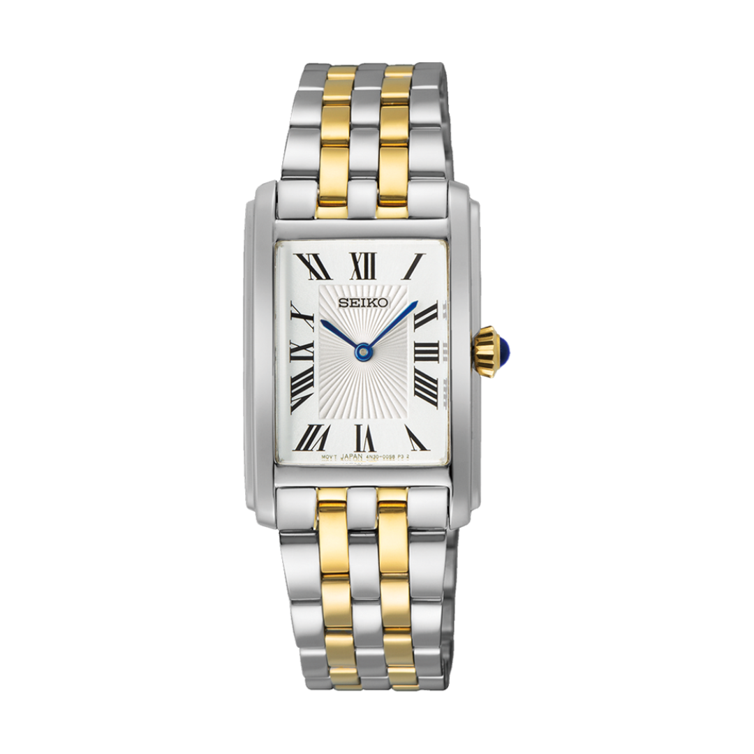 Seiko SWR087P1 two-tone silver and gold white Roman dial front view